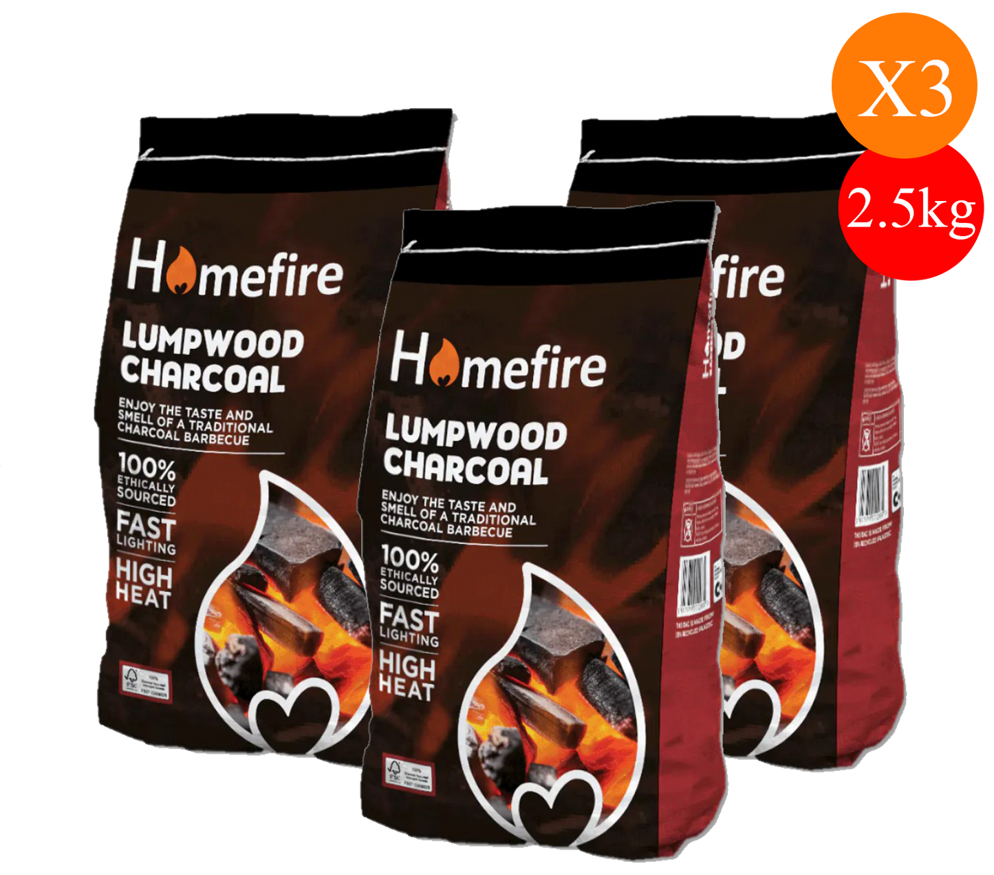 Homefire Lumpwood Charcoal 2.5kg – Fast-Lighting, High-Heat BBQ Fuel 3PACK