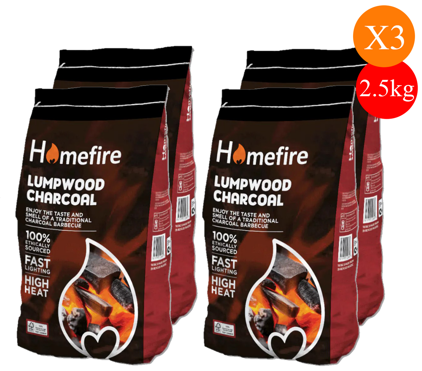 Homefire Lumpwood Charcoal 2.5kg – Fast-Lighting, High-Heat BBQ Fuel 4PACK