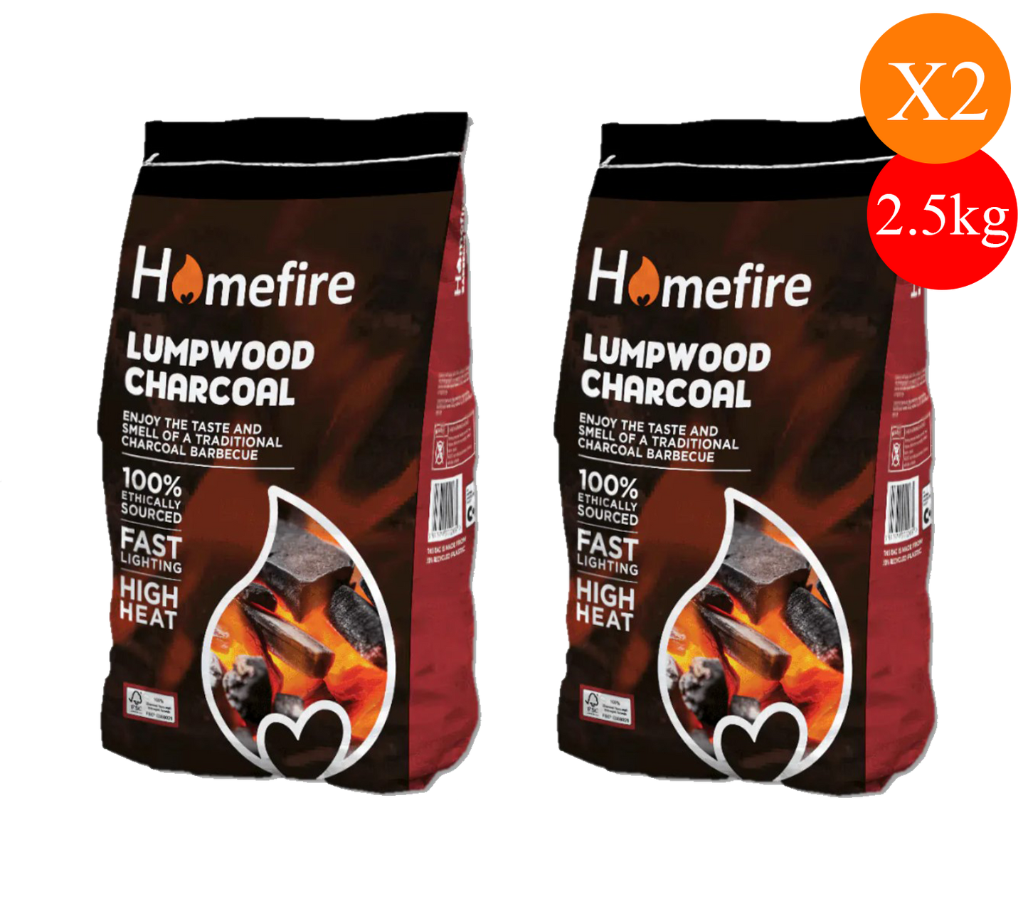 Homefire Lumpwood Charcoal 2.5kg – Fast-Lighting, High-Heat BBQ Fuel 2PACK
