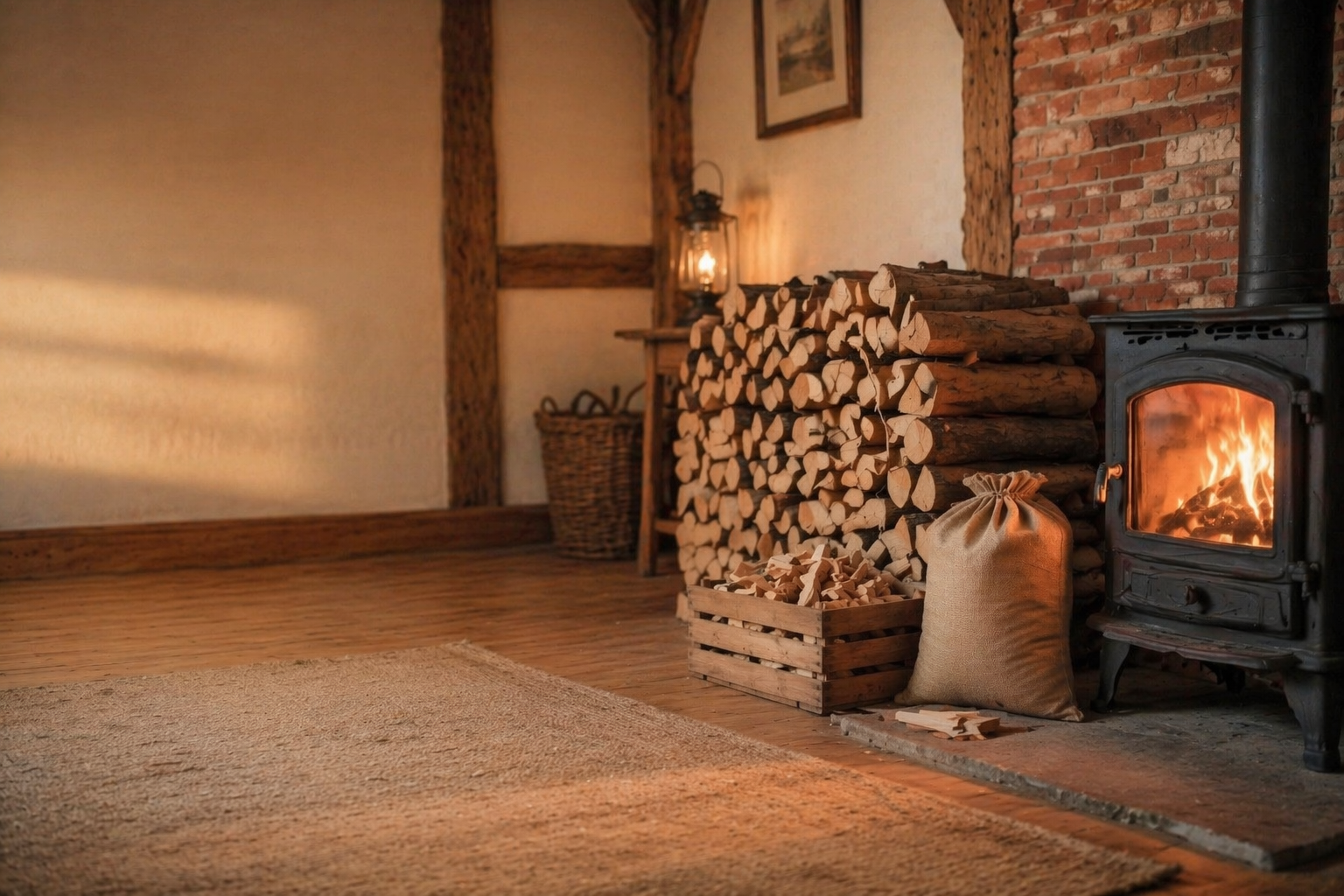 Kiln-dried logs by a wood burning stove